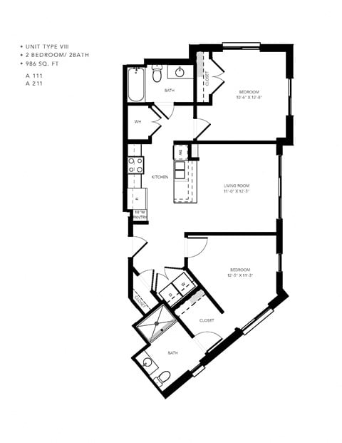 Floor plan for 2 beds, 2 baths, 884 sqft